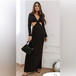METALLIC STRIPE CUTOUT MAXI DRESS